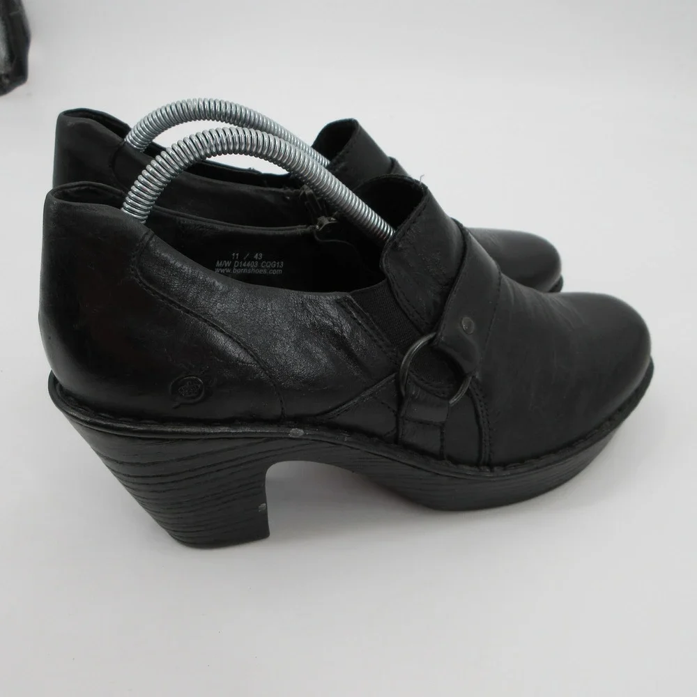 Born Black Leather Platform Ankle Booties Block Heel Shooties D14403 Size 11
